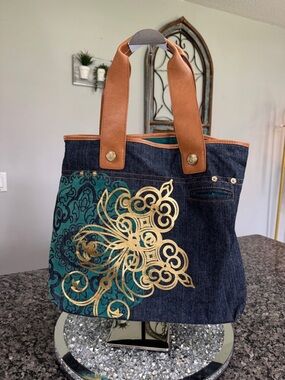 Bath & Body Works Denim Tote with Teal and Gold Accents EUC